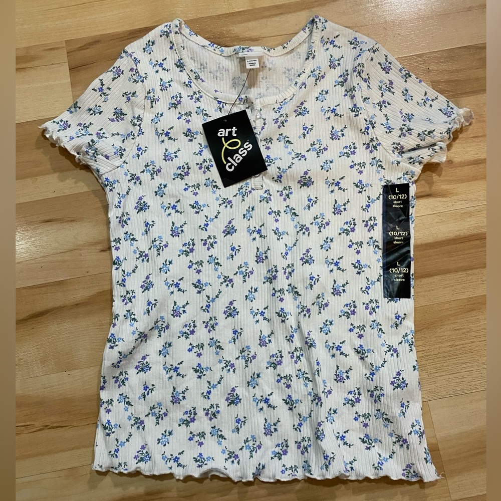 NWT Art Class Girls Retro 90s Tee White with Blue Flowers Sz 10/12